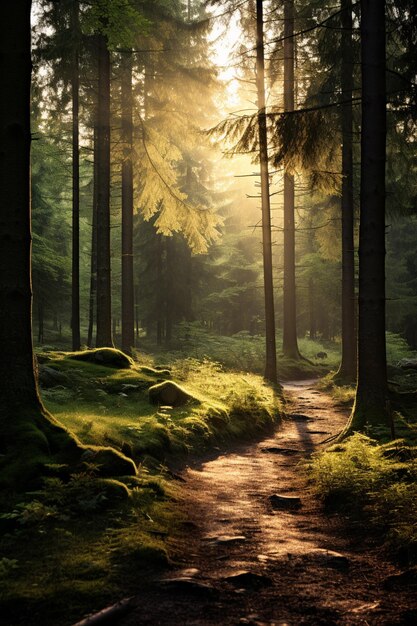 chemin arafé dans une forêt avec le soleil qui brille à travers les arbres ai générative