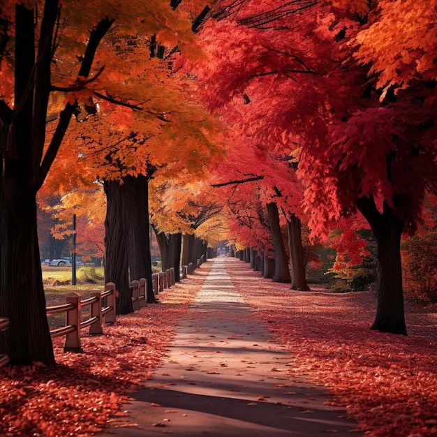 un chemin avec un arbre rouge et orange dessus