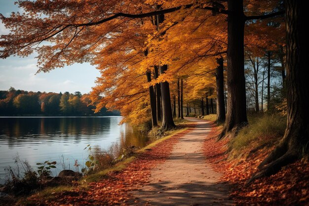 Un chemin d'automne tranquille le long d'un lac serein