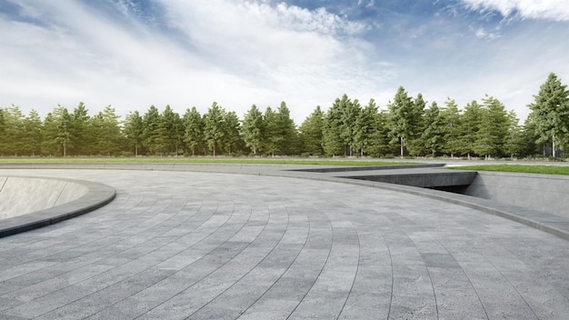 Chemin de béton incurvé vide avec prairie et arbre rendu 3d de l'espace abstrait avec fond de ciel