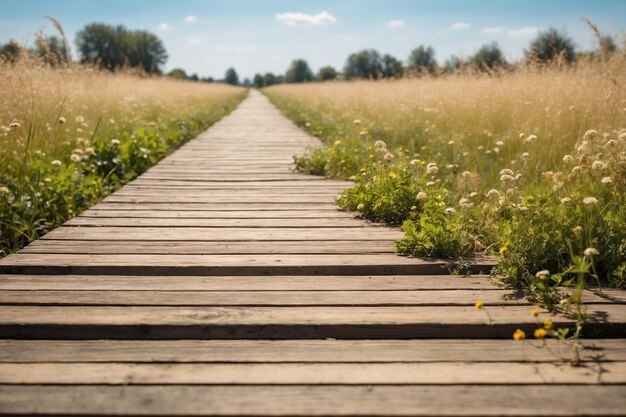 Chemin en bois dans le champ d'herbe