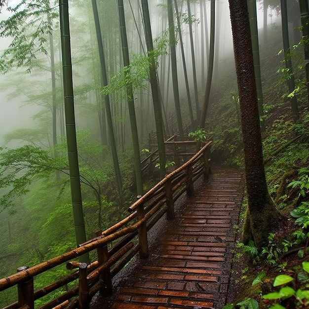 Un chemin en bois dans une forêt avec un fond brumeux.