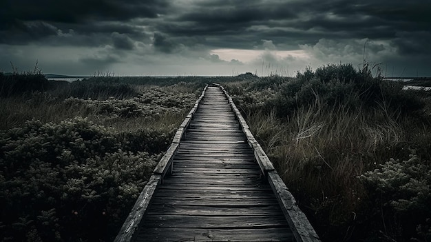 Un chemin en bois mène à un ciel sombre avec des nuages et un ciel sombre.