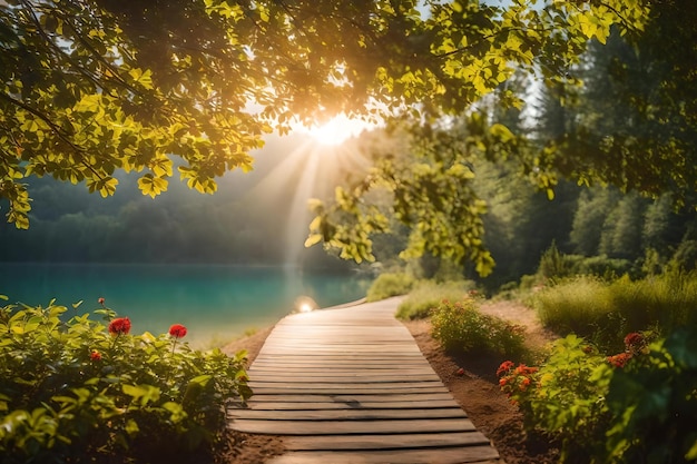 Un chemin en bois mène à un lac avec un éclat de soleil en arrière-plan