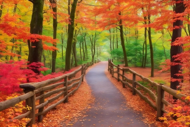 Photo un chemin en bois à travers une forêt avec des arbres colorés généré par ai