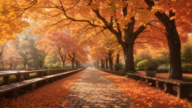 Un chemin bordé d'arbres avec des feuilles dans différentes nuances d'automne créant une superbe canopée