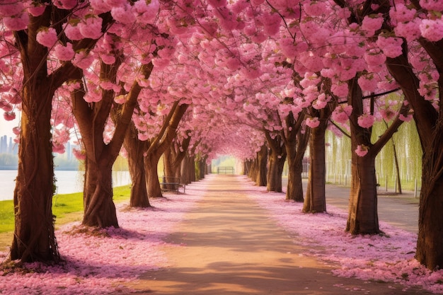 Un chemin bordé de cerisiers en fleurs