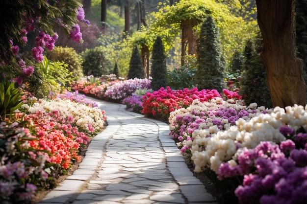 un chemin bordé de fleurs