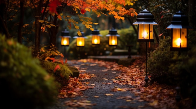 un chemin bordé de lanternes avec un chemin menant à un parc