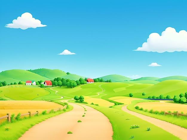 Chemin de campagne de dessin animé à travers des champs agricoles sur des collines, des terres agricoles, des routes parmi les arbres de la forêt.