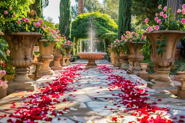 Un chemin de cérémonie de mariage romantique et luxuriant bordé de pétales de roses et de fleurs