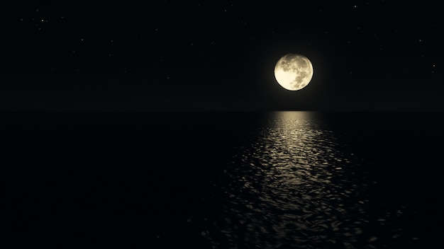 Chemin de clair de lune avec faible lune idiote au-dessus de la mer illustration 3d réaliste