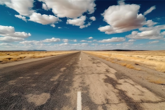 Un chemin sur le côté du champ de terre est sous le ciel bleu et les nuages blancs Photo de haute qualité