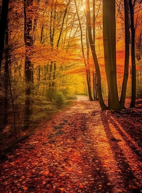 un chemin et des couleurs à travers une forêt à l'automne