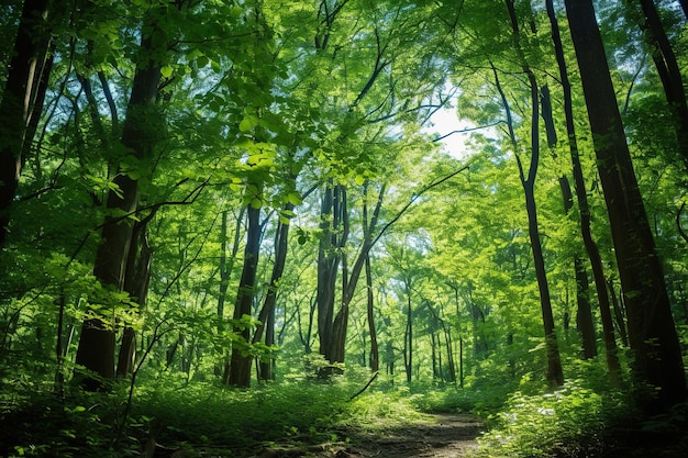 un chemin dans les bois avec des arbres et du feuillage vert