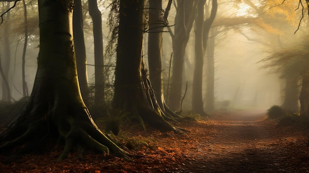 un chemin dans les bois avec des arbres et des feuilles