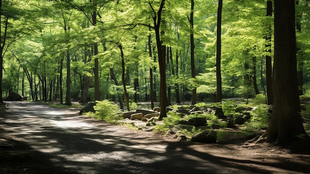 un chemin dans les bois avec un chemin qui mène à une forêt