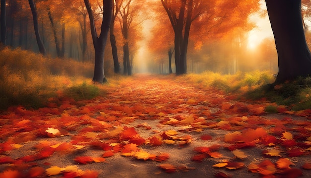 Photo un chemin dans les bois avec des feuilles d'automne sur le sol