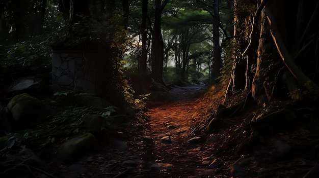 Un chemin dans les bois avec une lumière au sol