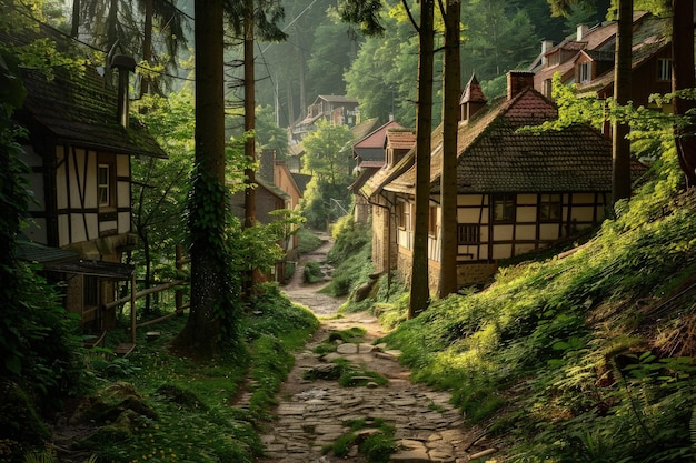 Un chemin dans les bois menant à un village.