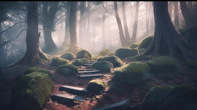 Un chemin dans les bois avec de la mousse au sol Image AI générative