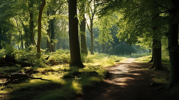 un chemin dans les bois avec le soleil brillant à travers les arbres