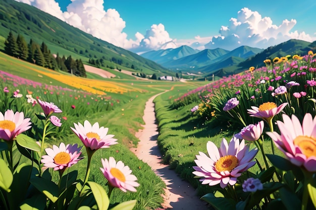 Un chemin dans un champ de fleurs avec des montagnes en arrière-plan.