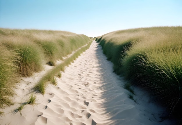 un chemin dans les dunes de sable avec un chemin menant aux dunes