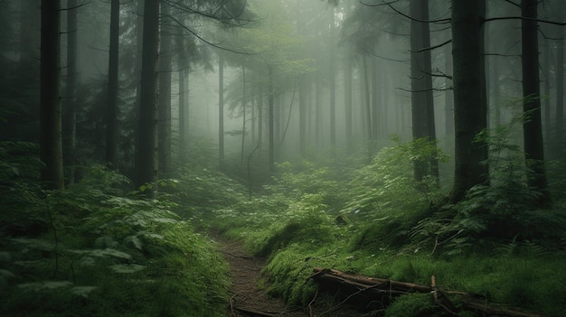 Un chemin dans une forêt avec des arbres verts et du brouillard