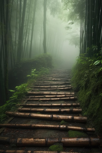 Un chemin dans la forêt de bambou un jour de pluie