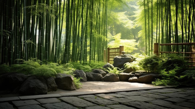 un chemin dans la forêt de bambous avec un panneau indiquant qu'il s'agit d'un sanctuaire japonais.