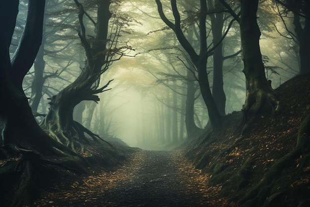 Un chemin dans une forêt brumeuse avec un chemin menant à la lumière.