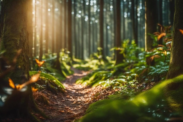 un chemin dans la forêt avec un chemin menant à une forêt