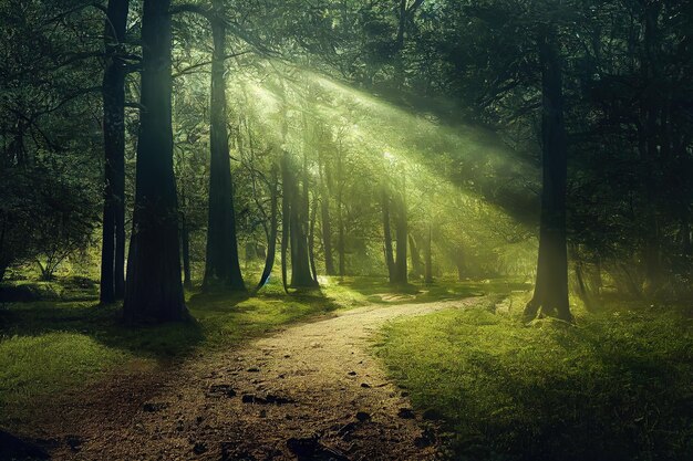 Chemin dans la forêt du soleil avec de grands arbres herbe verte avec des rayons lumineux du soleil illustration 3d