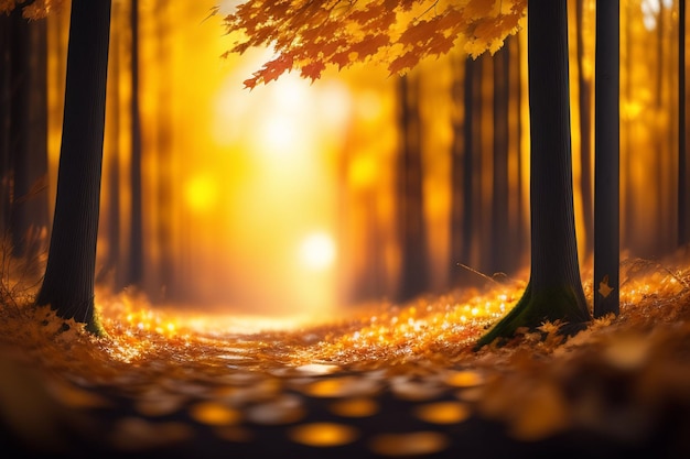 Un chemin dans une forêt avec des feuilles jaunes et une lumière jaune