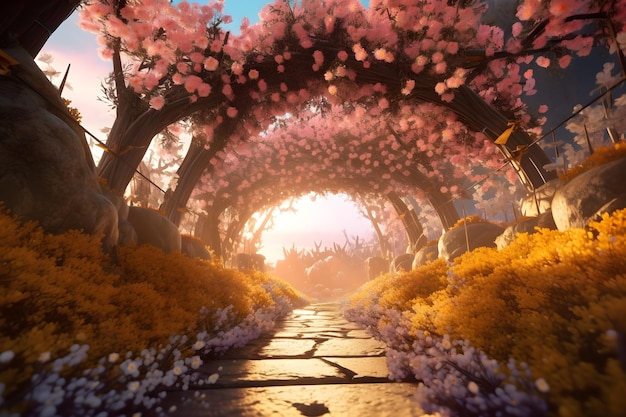 Un chemin dans une forêt de fleurs roses