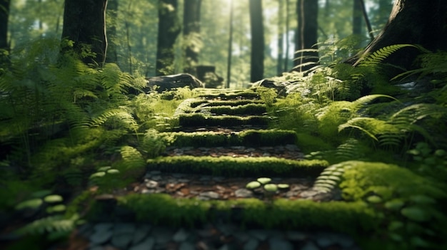 Un chemin dans la forêt avec des fougères et de la mousse.