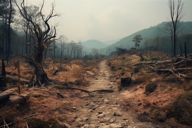 Un chemin dans la forêt avec une montagne en arrière-plan