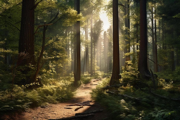 Un chemin dans la forêt avec le soleil qui brille à travers les arbres