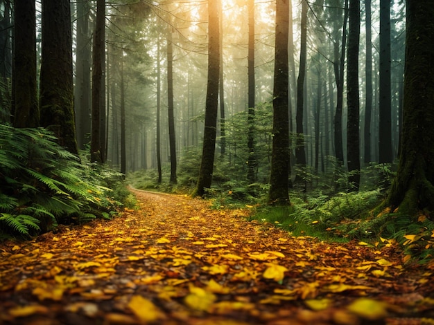 Un chemin dans la forêt avec le soleil qui brille à travers les arbres