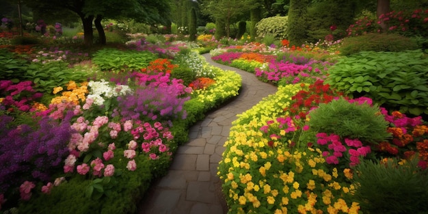 Un chemin dans un jardin fleuri