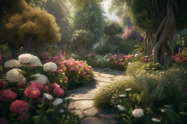 Un chemin dans un jardin fleuri
