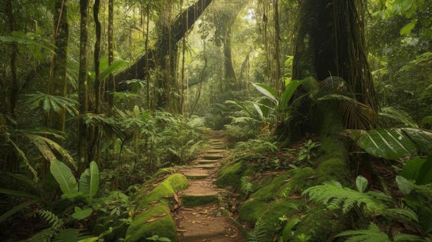 Un chemin dans la jungle avec de la mousse et des fougères
