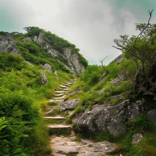 Un chemin dans les montagnes avec une herbe verte et des rochers.