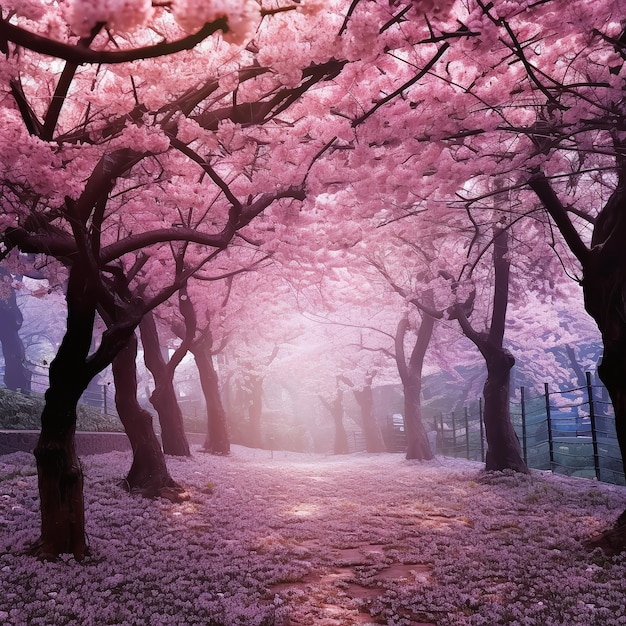 Un chemin dans le parc avec des fleurs roses et des sakura