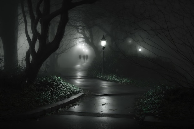 Chemin dans le parc avec des lampadaires dans une nuit sombre et pluvieuse créée à l'aide de la technologie générative ai