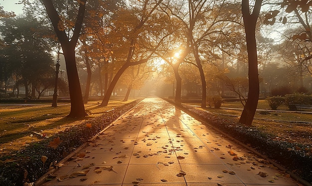un chemin dans le parc avec le soleil brillant à travers les arbres