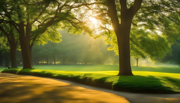 un chemin dans le parc avec le soleil brillant à travers les arbres