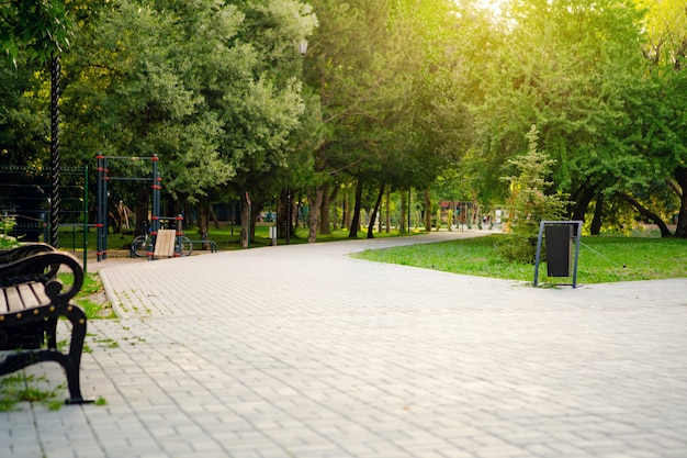 Le chemin dans le parc de la ville avec des arbres et de l'herbe