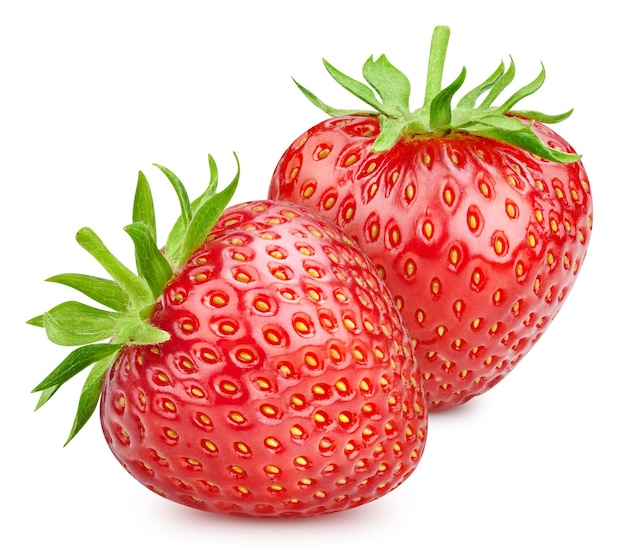 Chemin de détourage de fraises fraîches mûres. Fraise bio frais. Deux fraises isolées sur wh